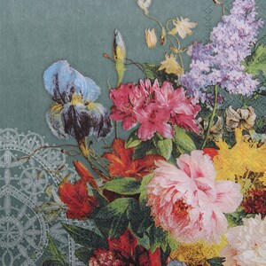2 ou 4 serviettes en papier pour bricolage, iris, lilas, pivoines, bouquet de rhododendrons sur fond bleu sarcelle foncé, serviettes pour découpage