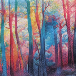 2 oder 4 Stück Papierservietten zum Basteln, Bunter Zauberwald, Laubwald Decoupage Servietten, Servietten Regenbogen Landschaft, Magische Servietten
