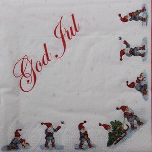 2 o 4 pezzi di tovaglioli di carta per decoupage, gnomi di Natale su sfondo bianco con scritta God Jul, modello Nisse, Tomte Decoupage
