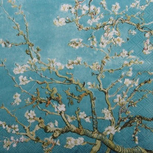 2 of 4 papieren servetten, Vincent van Gogh - Amandelbloesem in groenblauw schilderij decoupage servetten, meesters van het schilderen decoupage servetten