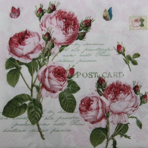 2 ou 4 serviettes en papier pour travaux manuels, roses roses de style victorien avec inscription et timbre-poste sur fond vintage, serviettes roses de damassé