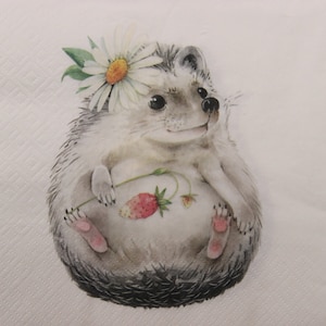 2 oder 4 Stück Papierservietten für Decoupage, niedlicher Igel mit Gänseblümchen-Kopfschmuck, der wilde Erdbeere hält, Wildtier-Servietten, Igel-Servietten