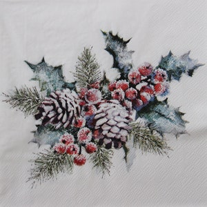 Guardanapos de papel para decoupage, 2 ou 4 unidades, bagas de azevinho de natal fosco, buquê de galhos de abeto e cones em fundo branco, guardanapos de natal