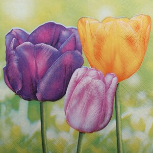 2 ou 4 serviettes en papier pour découpage, têtes de tulipes jaunes, violettes, roses sur fond vert, fleurs de printemps lumineuses
