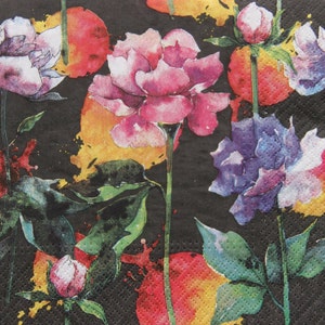 2 o 4 servilletas de papel para manualidades, flores Nora de colores sobre fondo negro, patrón floral de arcoíris, servilletas de decoupage con flores florecientes