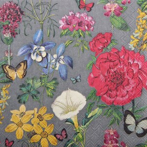 Tovaglioli di carta per decoupage da 2 o 4 pezzi, mix di fiori estivi colorati e farfalle su sfondo grigio, tovaglioli per decoupage di fiori di prato