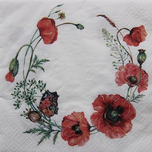 Tovaglioli di carta da 2 o 4 pezzi per lavori artigianali, ghirlanda di papaveri rossi con farfalla su sfondo bianco, tovaglioli per decoupage con papavero, tovaglioli estivi