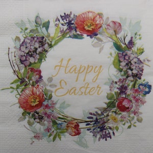 2 oder 4 Stück Papierservietten für Handwerk, Frühlingsblüten Kranz mit Slogan Frohe Ostern auf beige Hintergrund, Kranz der Zweige und Blumen