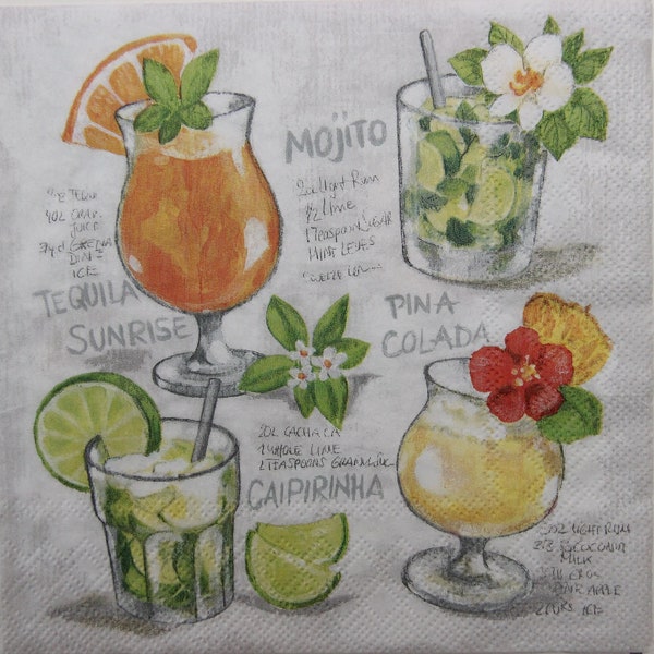 Serviettes en papier 2 ou 4 pièces pour l’artisanat, mélange de cocktails colorés avec des fruits, des fleurs et des inscriptions, serviettes de cocktails d’été, serviettes de boissons
