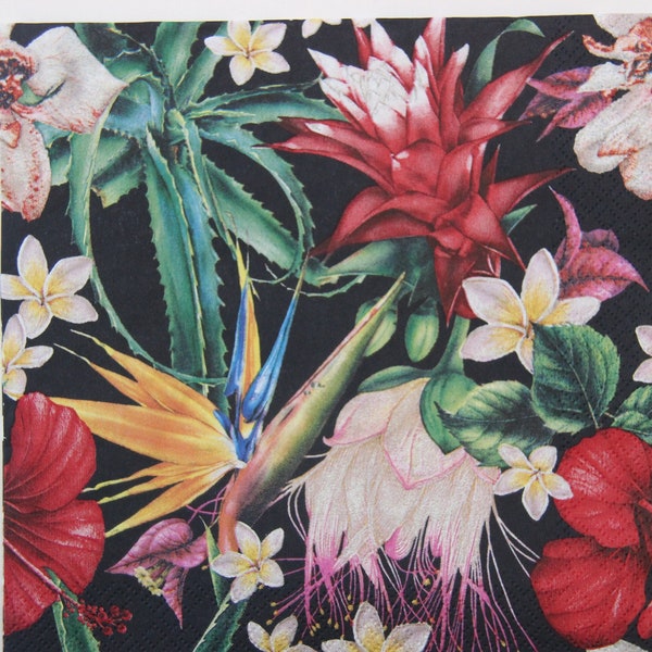 2 or 4 Pcs Paper Napkins For Craft , Strelitzia and Bromeliads on Black Background , Tropical Flower Decoupage Napkins , Floral Napkins