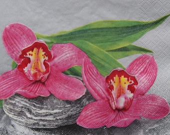 Pink Orchid Paper Napkins, Gray Stone Design, Decoupage Collage (2 or 4 Pcs)