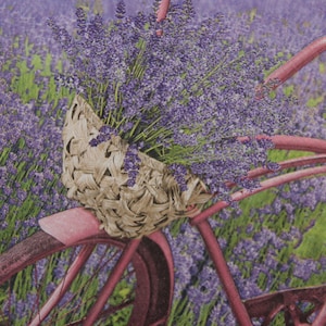 2 ou 4 serviettes en papier pour découpage, lavande mauve dans un panier sur vélo rose vintage et fond de champ lavande, découpage lavande