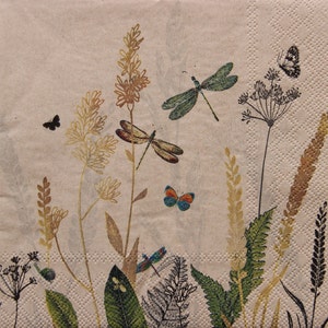 2 oder 4 Stück Papierservietten zum Basteln, Wiesenpflanzen, Getreide und Insekten auf braunem Hintergrund, 80% Recyclingpapier, Servietten, Minimalismus