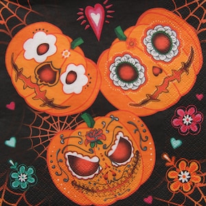 2 oder 4 Stück Papierservietten zum Basteln, lustige mexikanische Halloween Kürbisse mit Spinnennetzen auf schwarzem Hintergrund, Halloween Decoupage Servietten