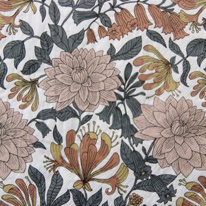 2 oder 4 Stück Papierservietten zum Basteln, rosa, orange Dahlien, Geißblätter und Glockenblumen auf weißem Hintergrund, Herbstblumen Decoupage Servietten