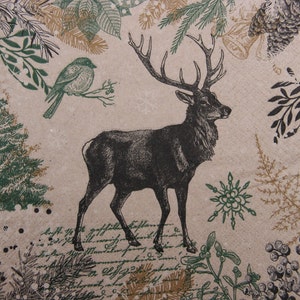 2 oder 4 Stück Papierservietten Für Decoupage, Skizziert Rentier Mit Nadelbaum Zweigen, Beeren, Glöckchen Und Schrift Auf 100% Recyclingpapier