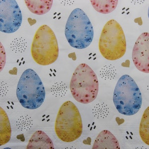 2 or 4 Pcs Paper Napkins For Decoupage , Blue , Yellow , Pink Easter Eggs On White Backgroun With Small Hearts , Dots , Stripes , Collages