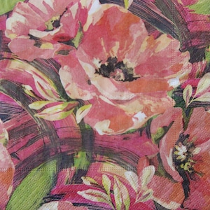 2 ou 4 serviettes en papier pour travaux manuels, coquelicots peints et motifs de coups de pinceau, serviettes pour décoration coquelicots, serviettes de table fleurs d'été, album de scrapbooking