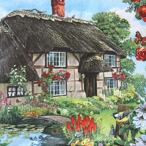 Tovaglioli di carta da 2 o 4 pezzi per lavori creativi, cottage idilliaci e paesaggi da giardino, casa di campagna con tetto di paglia, tovaglioli per decoupage cottage,