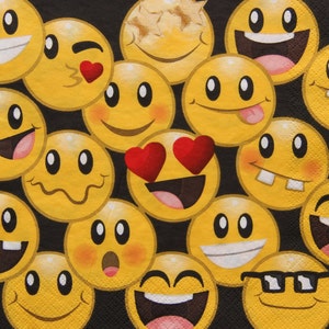 Servilletas de papel de 2 o 4 piezas para decoupage, caras sonrientes amarillas sobre fondo negro, servilletas Emojis, servilletas de decoupage para cumpleaños de niños