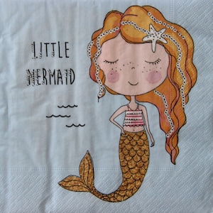 2 ou 4 serviettes en papier pour découpage, sirène souriante sur fond bleu ciel avec inscription Petite sirène, serviettes pour découpage enfant