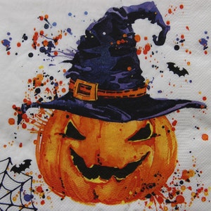 Servilletas de papel de 2 o 4 piezas para la elaboración, calabaza de Halloween con sombrero de bruja y salpicaduras sobre fondo blanco, servilletas de decoupage de Halloween