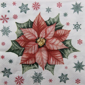 2 o 4 pezzi di tovaglioli di carta per lavori artigianali, stella di Natale rossa su sfondo bianco con fiocchi di neve verdi e rossi, tovaglioli per decoupage a forma di stella di Natale