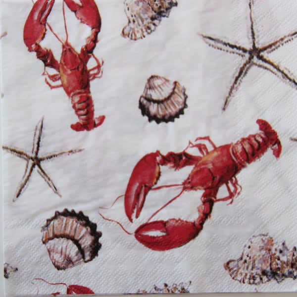 2 oder 4 Stück Papierservietten für Decoupage, rote Hummer, Beige Seesterne und Muscheln Collage auf weißem Hintergrund, Sealife Decoupage Servietten