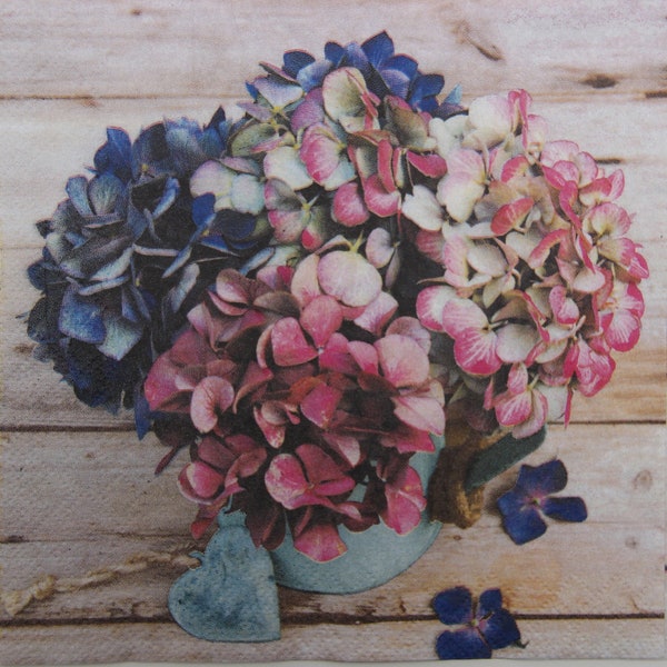 2 or 4 Pcs Paper Napkins For Crafting , Vase Of Pink And Blue Hydrangeas On Brown Boards Background With Gray Heart Decor , Floral Collages