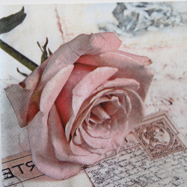 2 or 4 Pcs Paper Napkins For Craft , Classic Pink Rose With Script and Postage Stamp , Vintage Rose Decoupage Napkins , Vintage Collages