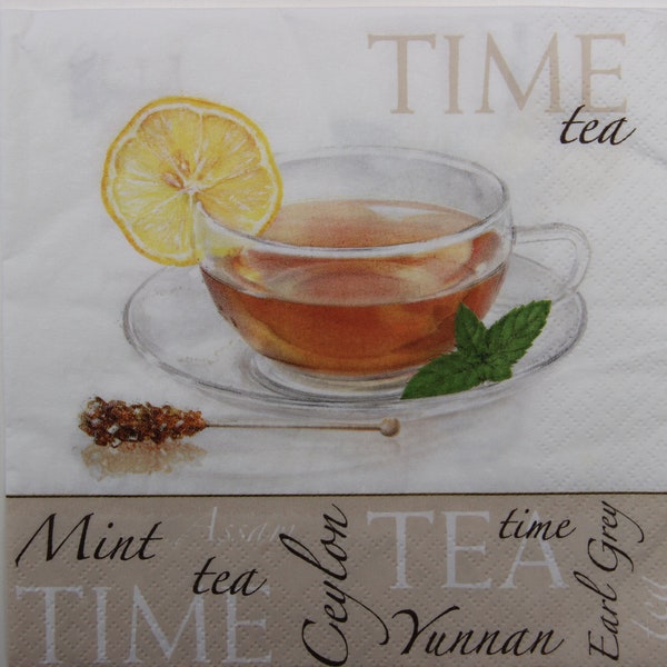 Serviettes en papier 2 ou 4 pièces pour l'artisanat, tasse de thé avec tranche de citron et feuilles de menthe poivrée avec inscriptions sur fond blanc, collages