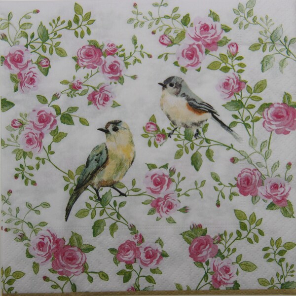 2 or 4 Pcs Paper Napkins For Decoupage , Birds And Pink Roses Pattern , Romantic Decoupage Napkins , Napkins With Bird, Serviettes, Collages