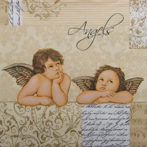 2 o 4 servilletas de papel para decoupage, ángeles de Rafael de la Madonna Sixtina con escritura, damasco, notas musicales y patrón sin costuras