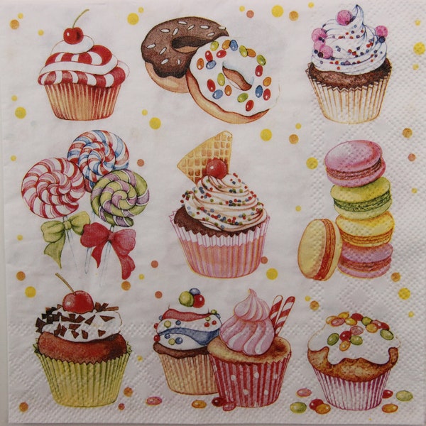 Serviettes en papier 2 ou 4 pièces pour l’artisanat, pâtisseries colorées, cupcakes, sucettes, macarons et beignets sur fond blanc, découpage de bonbons