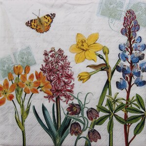 2 ou 4 serviettes en papier pour découpage, lupins, jacinthes, jonquilles, hémérocalles avec papillons sur fond d'écritures et de tampons, printemps