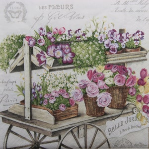 2 ou 4 serviettes en papier pour travaux manuels, chariot à roulettes français antique et paniers de fleurs de printemps avec script et timbres-poste, collages français