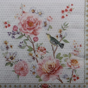 2 oder 4 Stück Papierservietten für Decoupage, Meise Vogel Und Damast Rosen auf weißem Hintergrund mit winzigen grafischen Blumen Muster, Romantische Servietten