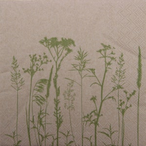 2 o 4 pezzi di tovaglioli di carta per lavori artigianali, piante di prato verde e cereali su sfondo marrone artigianale, tovaglioli di carta riciclata all'80%, minimalismo