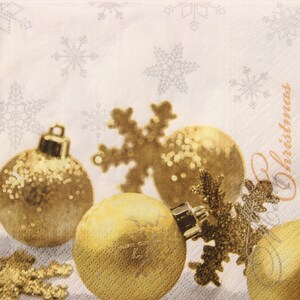 2 ou 4 serviettes en papier créatives, boules de Noël dorées avec motif flocons de neige et inscription Joyeux Noël sur fond blanc
