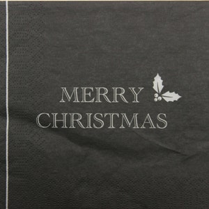 2 o 4 pezzi di tovaglioli di carta per lavori artigianali, scritta beige "Buon Natale" con bacche di agrifoglio su sfondo nero, decorazioni natalizie nere