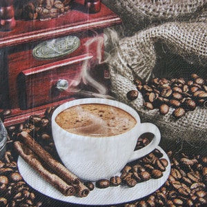 2 ou 4 serviettes en papier pour créations manuelles, grains de café, tasse à café, moulin à café manuel, cafetière turque et sac en toile de jute, découpage