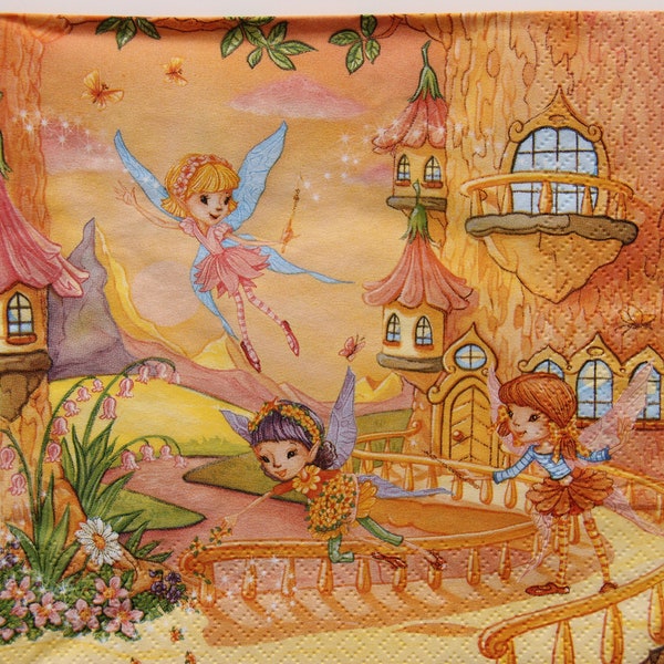 Serviettes en papier 2 ou 4 pièces pour découpage, fées des fleurs avec château de fées sur fond orange, serviettes de découpage pour enfants, conte de fées
