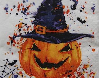 2 or 4 Pcs Paper Napkins For Crafting , Halloween Pumpkin With Witch's Hat And Splashes On White Background , Halloween Decoupage Napkins