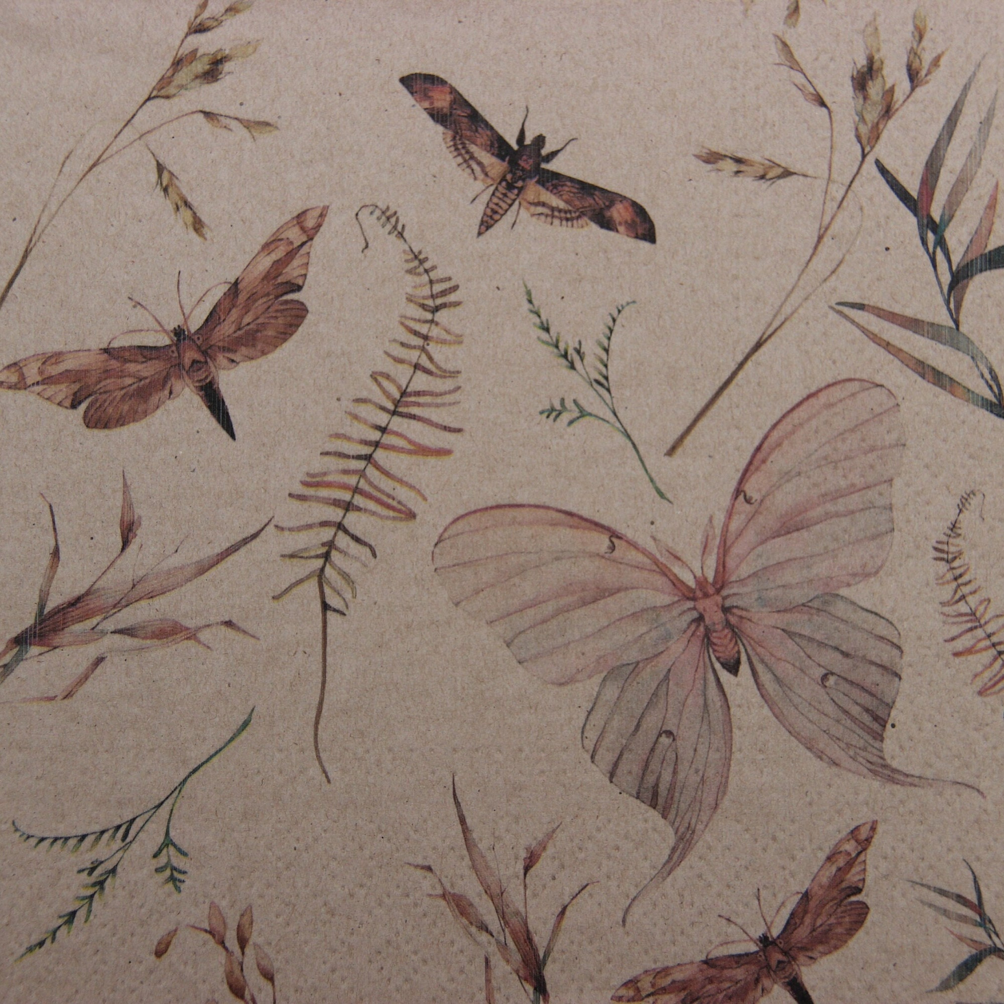 2 or 4 Pcs Paper Napkins For Decoupage , Butterflies and Plant Leaves Drawing on 100% Recycled Craft Brown Paper Background , Craft Napkins