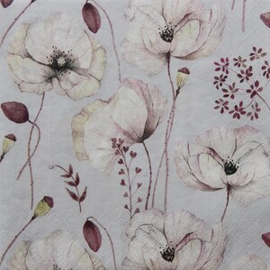 2 ou 4 serviettes de table pour découpage, coquelicots blancs sur fond gris clair, serviettes de table à fleurs sans couture, serviettes de table à découpage en fleurs de pavot
