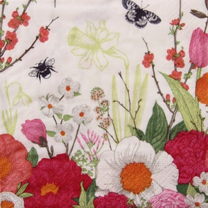 2 of 4 stuks papieren servetten voor decoupage, lentebloesem met bijen en vlinders op witte achtergrond, lentebloem decoupage servetten