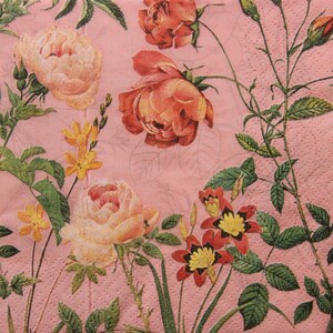 2 ou 4 serviettes en papier pour décoration, roses et hémérocalles sur fond rose avec ombres de feuilles de lignes graphiques, serviettes shabby chic roses