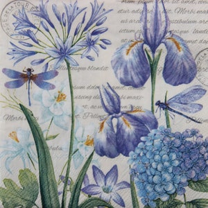 2 o 4 pezzi di tovaglioli per decoupage, iris, ortensie e libellule con scritta su sfondo bianco, formato cocktail 10''x10'' (25x25 cm)