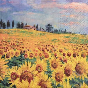 Tovaglioli di carta da 2 o 4 pezzi per artigianato, campo di girasole giallo con case e cielo, tovaglioli di campo di girasole per decoupage, decoupage estivo
