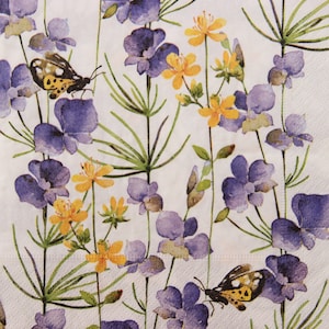 Tovaglioli per decoupage da 2 o 4 pezzi, mix di fiori di prato estivo viola e giallo con farfalle gialle su sfondo bianco, tovaglioli a farfalla